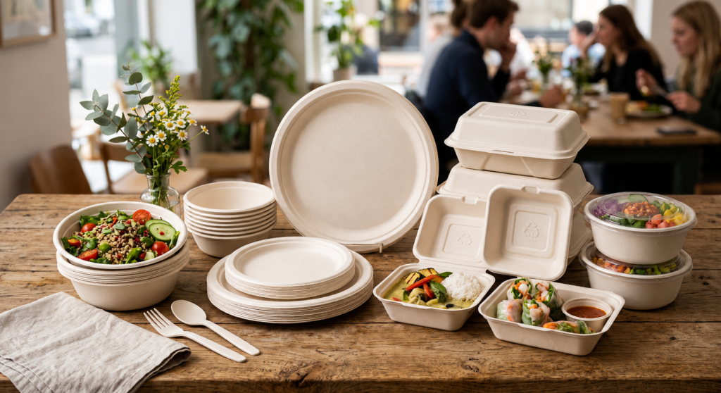 Finished bagasse tableware collection (plates, bowls, takeaway containers)